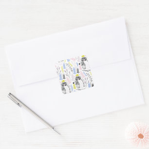 Whimsical Floral Black Nocturnal Owl Dot Square Sticker