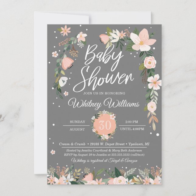 Whimsical Floral Blush Pink Grey Girl Baby Shower Invitation (Front)