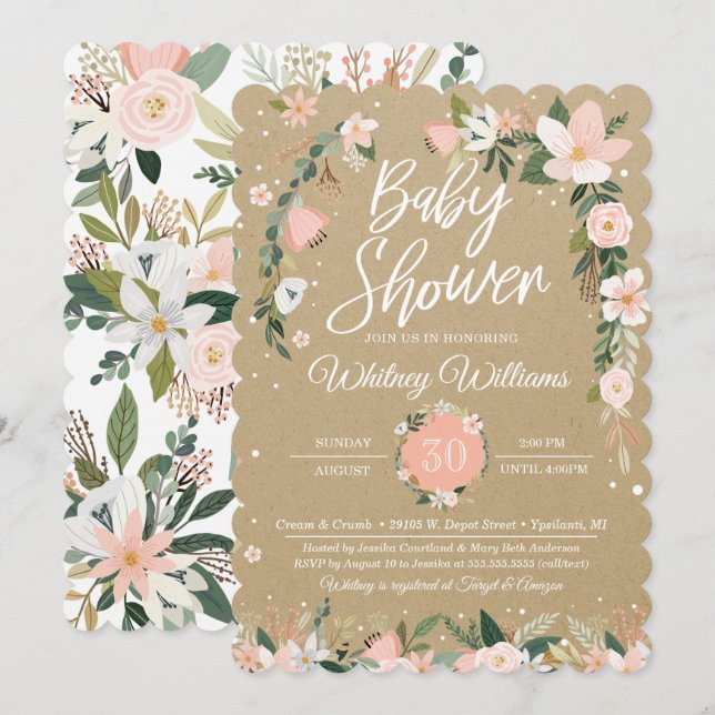 Whimsical Floral Blush Pink White Girl Baby Shower Invitation (Front/Back)