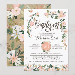 Whimsical Floral Blush Pink & White Girl Baptism Invitation