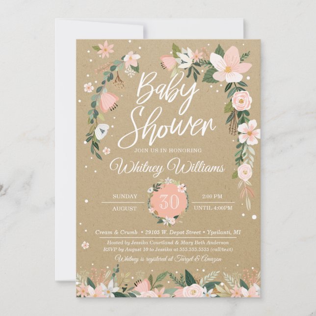 Whimsical Floral Blush & White Girl Baby Shower Invitation (Front)