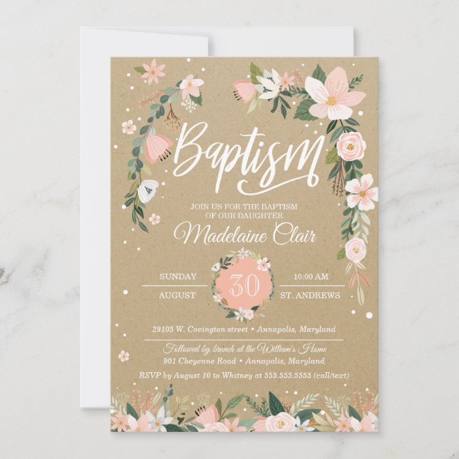 Whimsical Floral Blush & White Girl Baptism Invitation (Front)