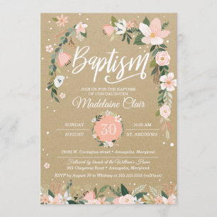 Whimsical Floral Blush & White Girl Baptism Invitation