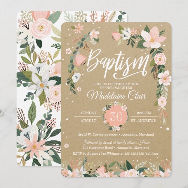 Whimsical Floral Blush & White Girl Baptism Invitation (Front/Back)