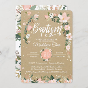 Whimsical Floral Blush & White Girl Baptism Invitation