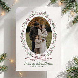 Whimsical Floral Bow Frame Christmas Photo Card