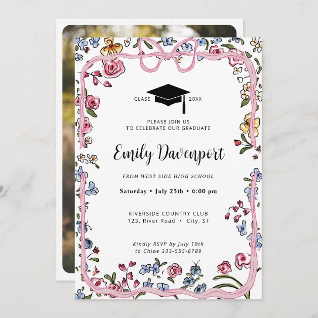 Whimsical Floral Bow Graduation photo on back  Invitation (Front/Back)