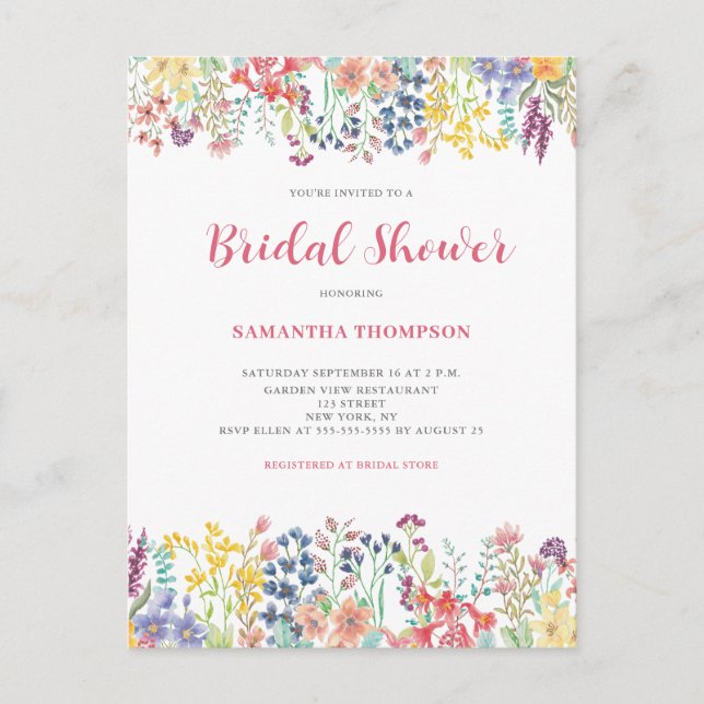 Whimsical Floral Bridal Shower Invitation Postcard (Front)