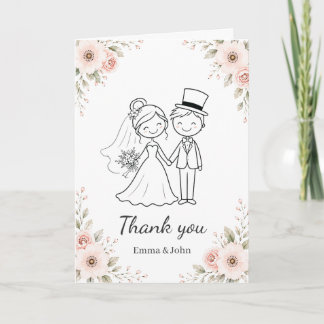 Whimsical Floral Bride Groom Wedding Thank You  Card