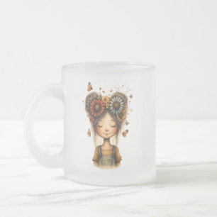 Whimsical Floral Bun Girl Cottagecore Art Frosted Glass Coffee Mug