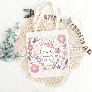 Whimsical Floral Bunny Tote Bag
