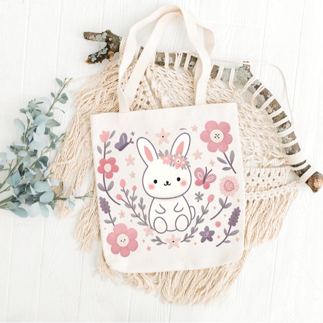Whimsical Floral Bunny Tote Bag (Creator Uploaded)