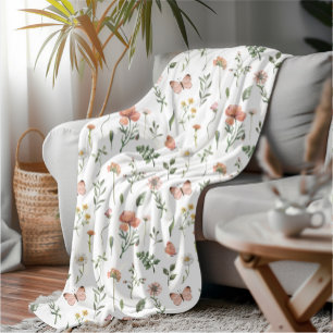 Whimsical Floral Butterfly Soft Watercolor Garden Fleece Blanket