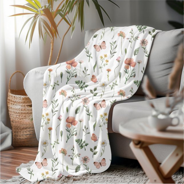 Whimsical Floral Butterfly Soft Watercolor Garden Fleece Blanket (Creator Uploaded)