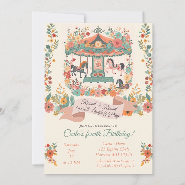 Whimsical Floral Carousel Horse Carnival Birthday Invitation (Front)