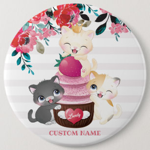 Whimsical Floral Cartoon Cats Strawberry Cupcake 6 Cm Round Badge