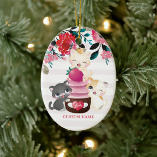 Whimsical Floral Cartoon Cats Strawberry Cupcake Ceramic Tree Decoration