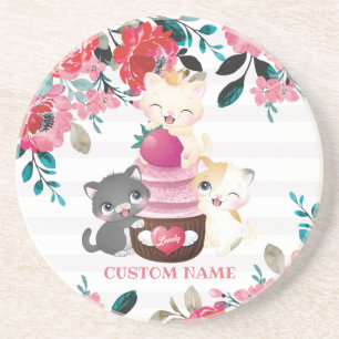 Whimsical Floral Cartoon Cats Strawberry Cupcake Coaster