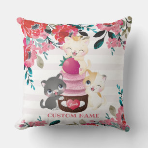 Whimsical Floral Cartoon Cats Strawberry Cupcake Cushion