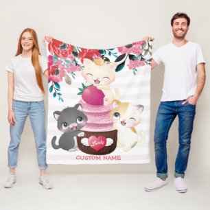 Whimsical Floral Cartoon Cats Strawberry Cupcake Fleece Blanket