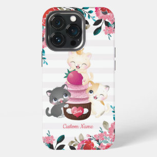 Whimsical Floral Cartoon Cats Strawberry Cupcake iPhone 13 Pro Case