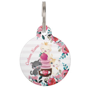 Whimsical Floral Cartoon Cats Strawberry Cupcake Pet Tag