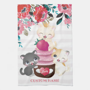 Whimsical Floral Cartoon Cats Strawberry Cupcake Tea Towel