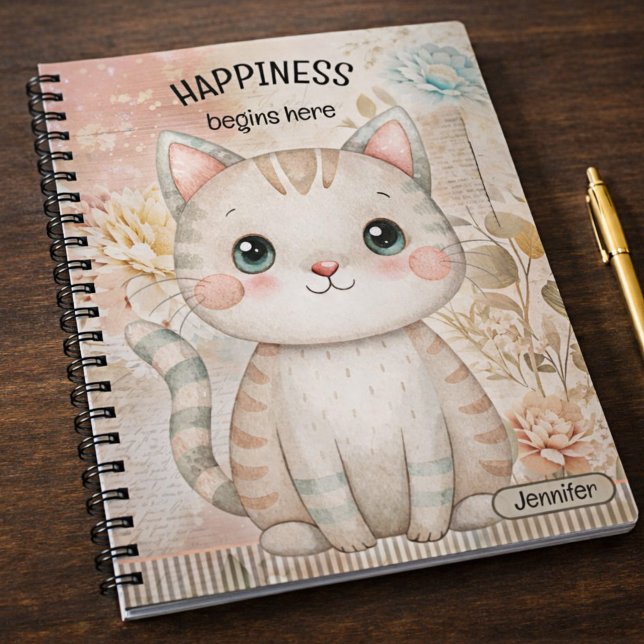 Whimsical Floral Cat Personalised Notebook (Notebook featuring an adorable cat illustration on soft botanicals and flowers in warm pastel colors)