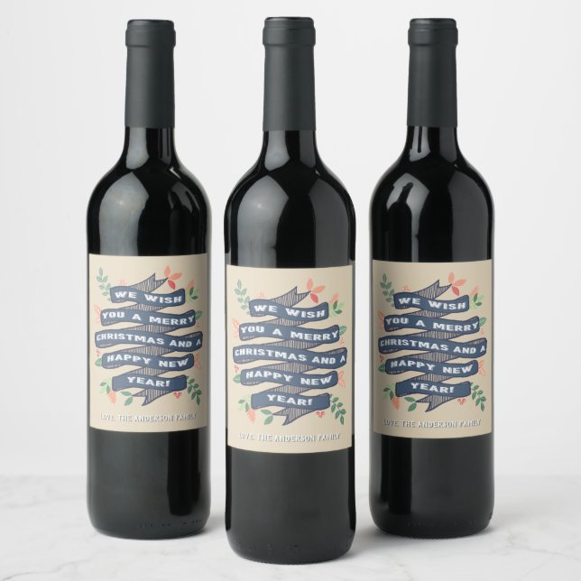 Whimsical Floral Christmas Banner Holiday Wine Label (Bottles)