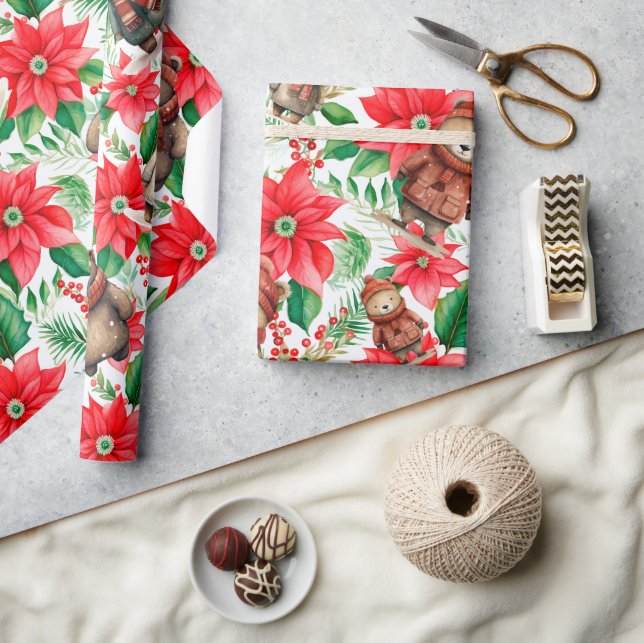 Whimsical Floral Christmas Bears Wrapping Paper (Crafts)