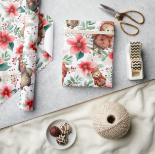 Whimsical Floral Christmas Bears Wrapping Paper