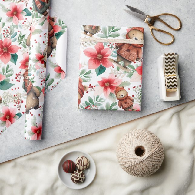 Whimsical Floral Christmas Bears Wrapping Paper (Crafts)