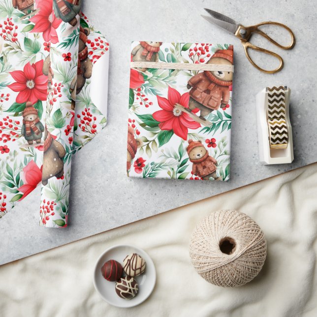Whimsical Floral Christmas Bears Wrapping Paper (Crafts)