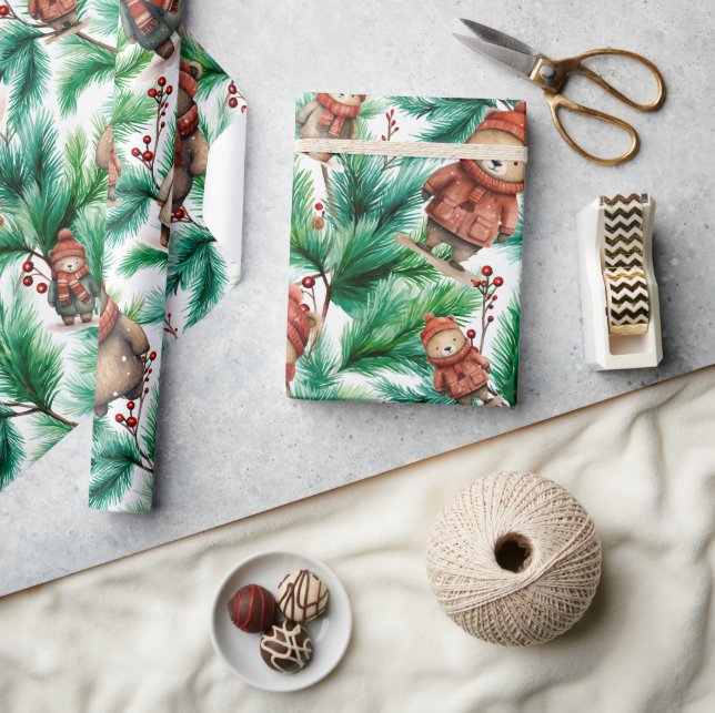 Whimsical Floral Christmas Bears Wrapping Paper (Crafts)