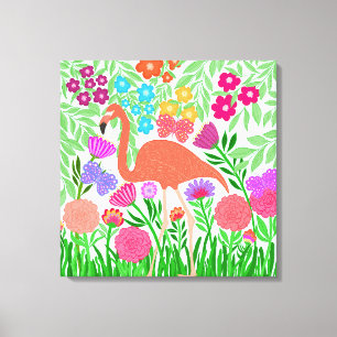 Whimsical Floral Coral Flamingo Art Canvas Print