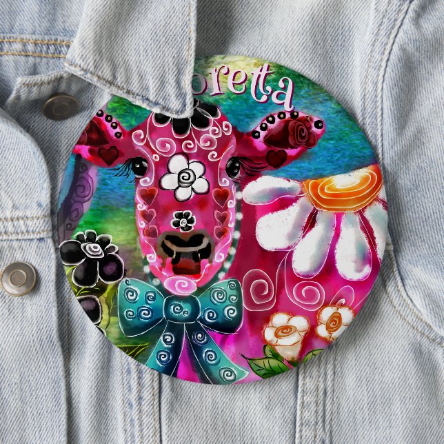 Whimsical Floral Cow Pink Teal Black Personalised 6 Cm Round Badge (In Situ)
