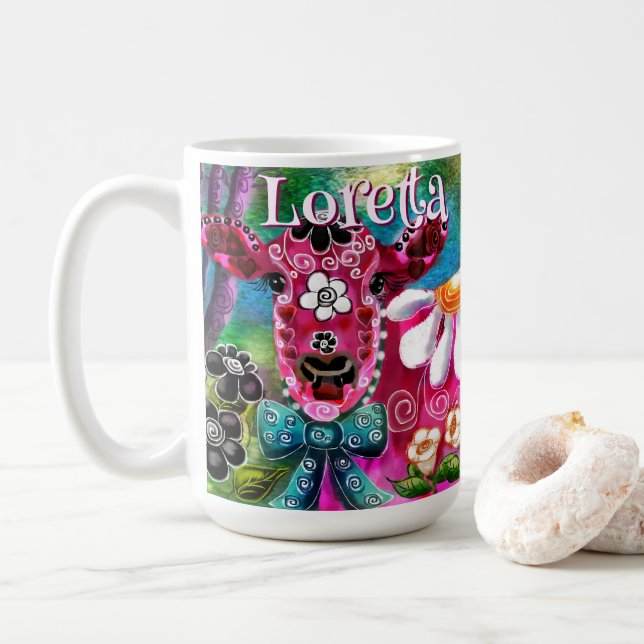 Whimsical Floral Cow Pink Teal Black Personalised Coffee Mug (With Donut)