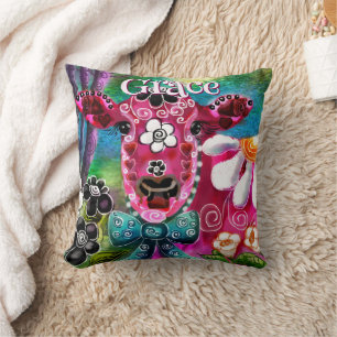 Whimsical Floral Cow Pink Teal Black Personalised Cushion