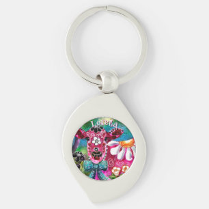 Whimsical Floral Cow Pink Teal Black Personalised Key Ring