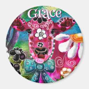 Whimsical Floral Cow Pink Teal Black Personalised Magnet