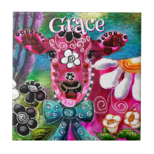 Whimsical Floral Cow Pink Teal Black Personalised Tile