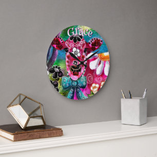 Whimsical Floral Cow Pink Teal Black Personalized Large Clock