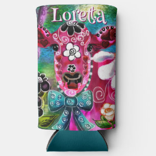 Whimsical Floral Cow Pink Teal Black Personalized Seltzer Can Cooler