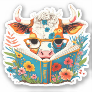 Whimsical "Floral Cow Reading Book" Vinyl
