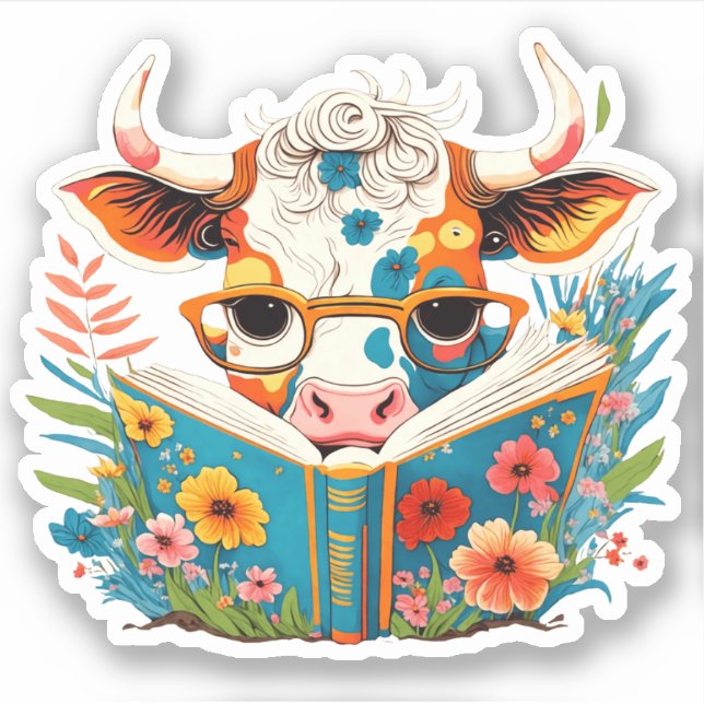 Whimsical "Floral Cow Reading Book" Vinyl (Front)