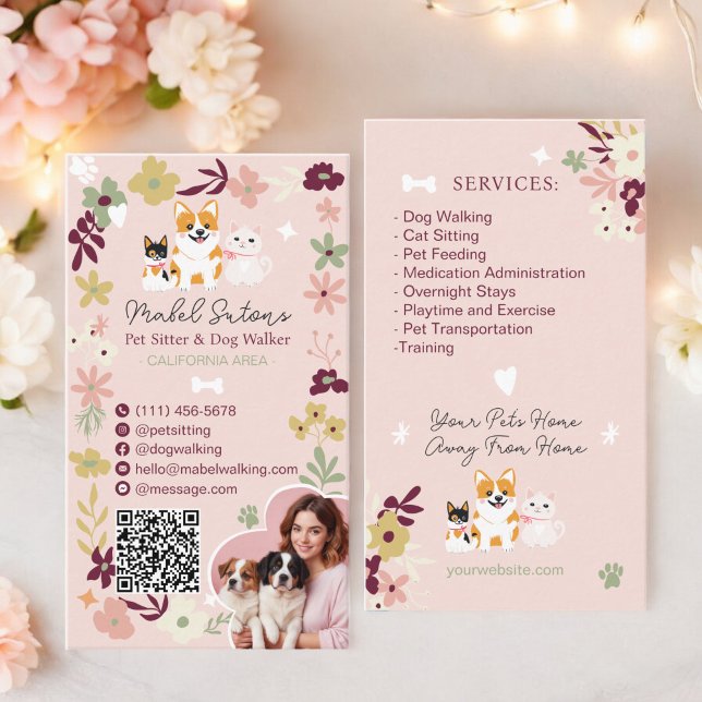 Whimsical floral cute classy pet sitter dog walker business card (Whimsical floral cute classy pet sitter dog walker business card)