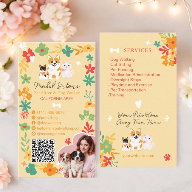 Whimsical floral cute pop pet sitter dog walker business card (Whimsical floral cute pop pet sitter dog walker business card)
