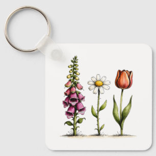Whimsical Floral Design Foxglove Daisy Tulip Key Ring
