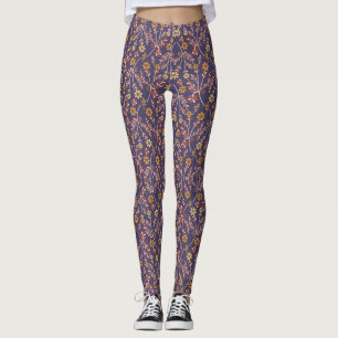 Whimsical Floral Design with Vines on Purple Back Leggings