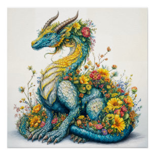 Whimsical Floral Dragon Art Poster